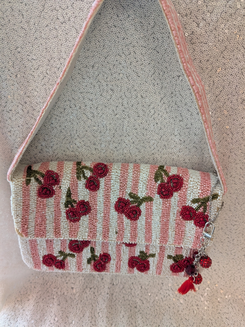 Beaded Cherry-Print Shoulder Bag in Pink and White